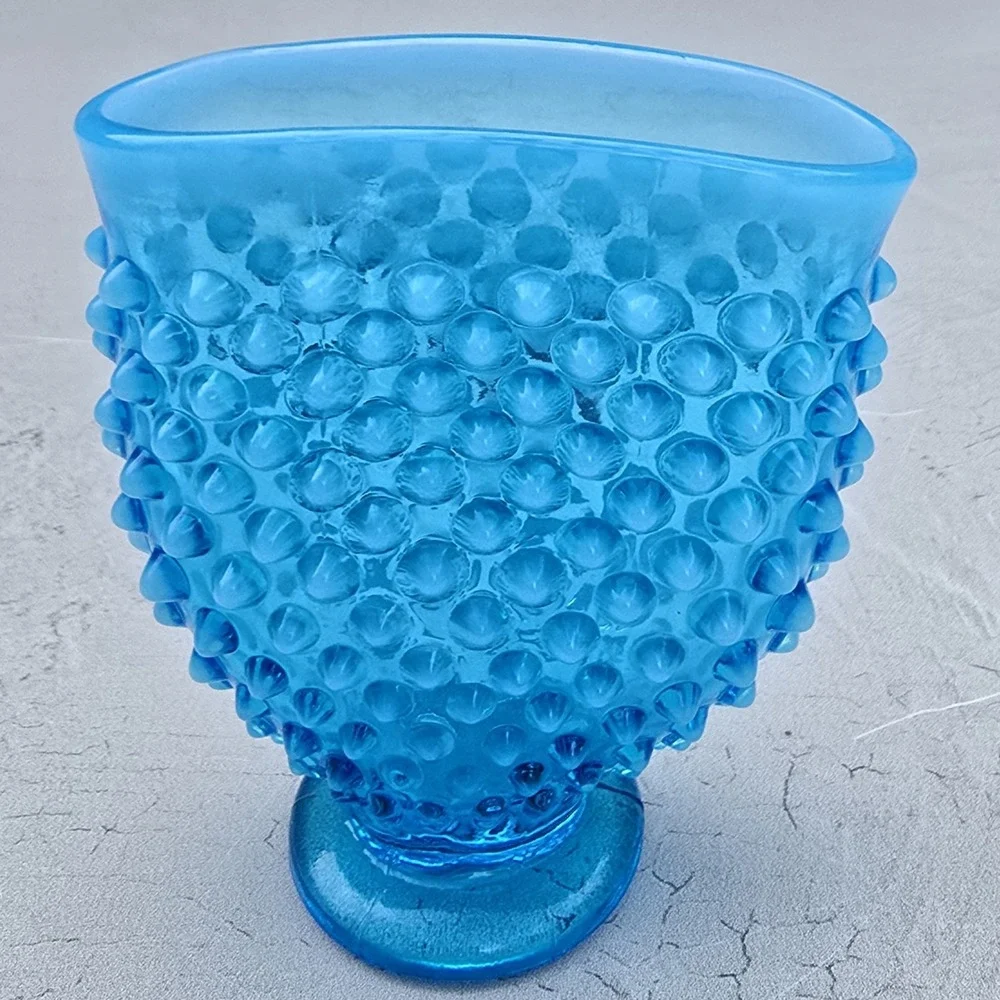Vintage Blue Hobnail Glass Fan Vase Footed Art Glass Decor 4 inch